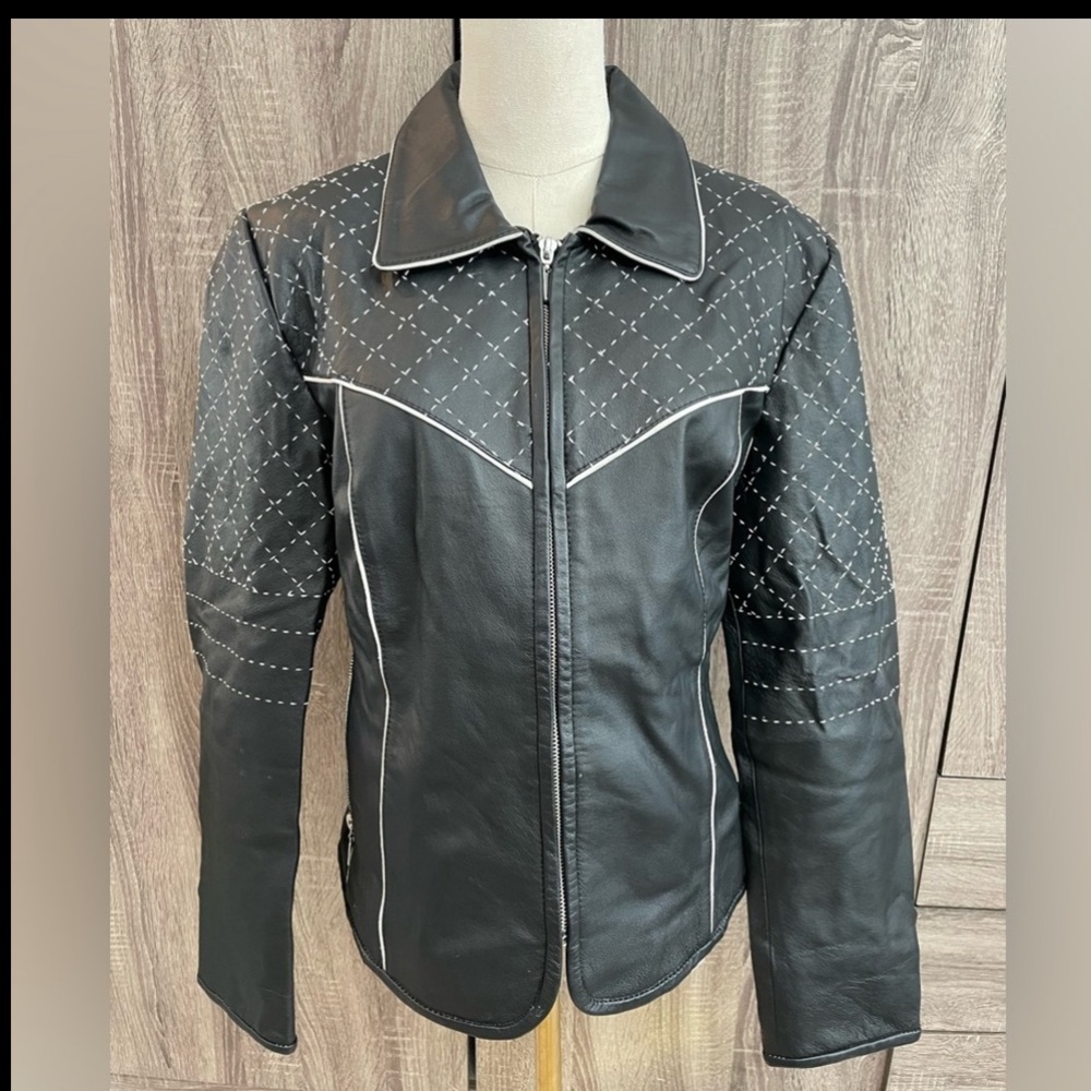 GUILLAUME Black Genuine Leather Jacket w/ White Seams / Diamond Pattern. Size L